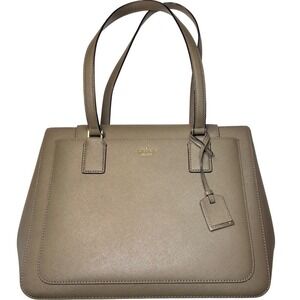 Kate Spade New York Saffiano Leather Tote Bag Olive Green Taupe Striped Lining
